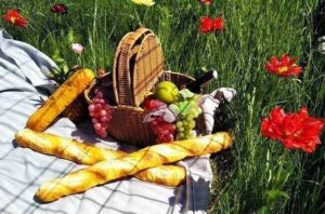 kosz piknikowy ze sztucznymi bagietkami, winogronami i jabłkami